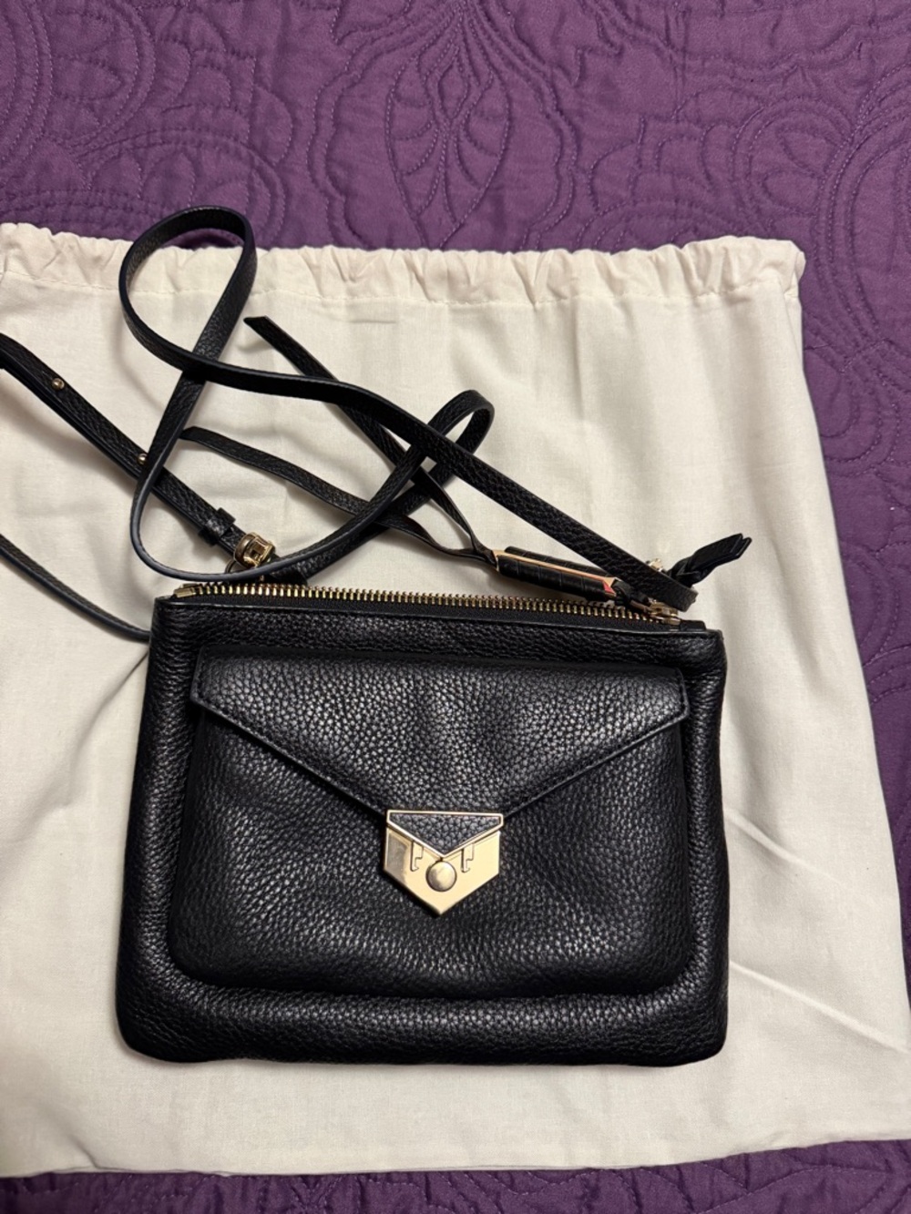 Black Pebbled Leather Crossbody Bag with Gold Hardware
